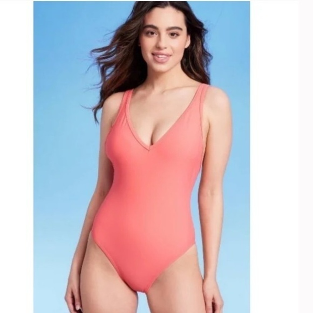 Kona Sol Deep V High Leg One piece Swimsuit Peach | Medium & Large